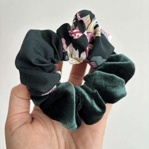 Dark green velvet - Dark green floral scrunchie
