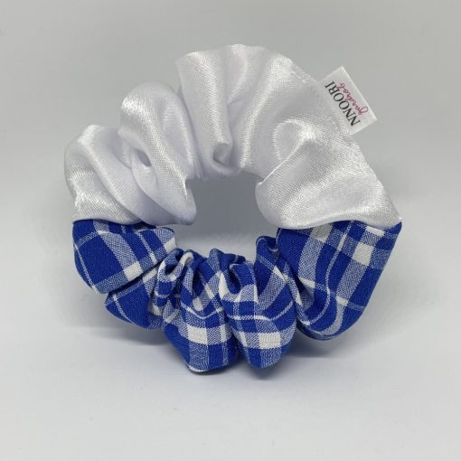 White - Blue checkered scrunchie 