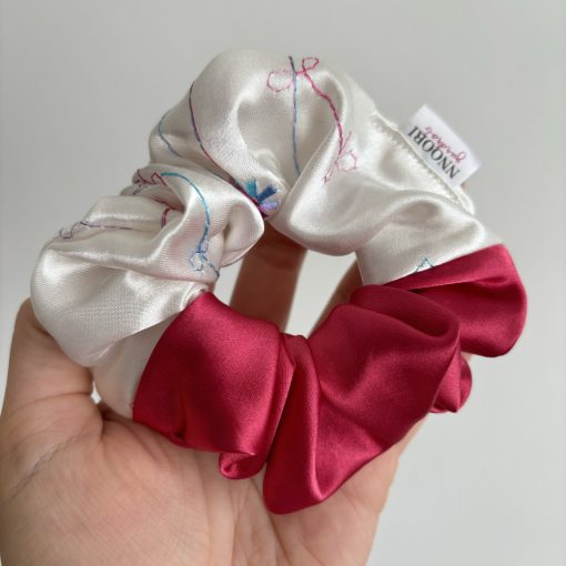 Hot pink - White embroidered scrunchie