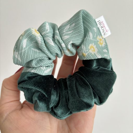 Dark green velvet - Mint floral scrunchie