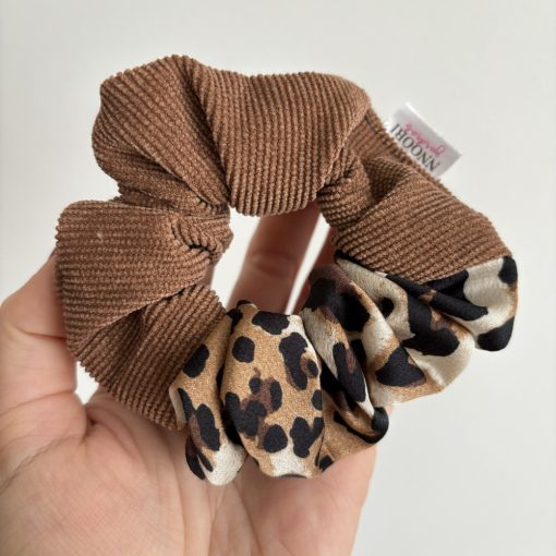 Brown corduroy - Cheetah scrunchie