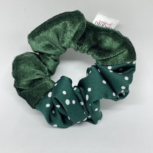 Dark green velvet - Green dot scrunchie